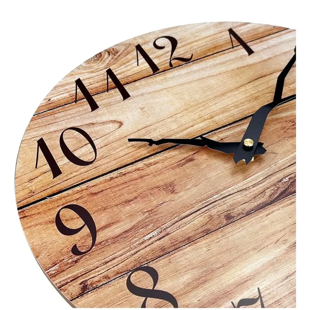 12in Wood plank rustic style round, frameless wall clock silent quartz movement